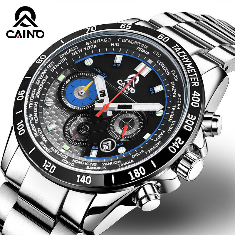 卡伊诺户外运动手表男表盘钢带防水军表多功能石英表夜光双层设计