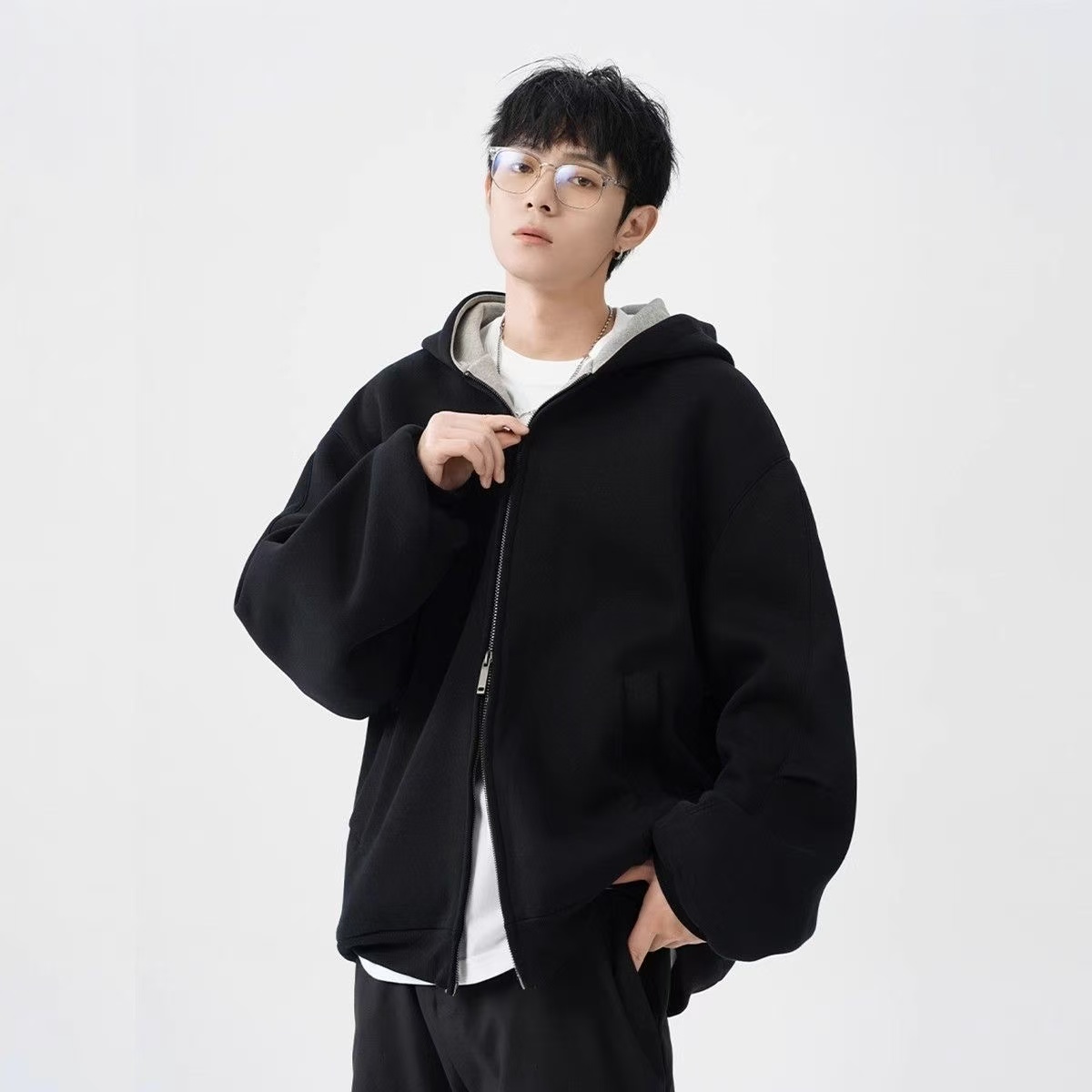 重磅痞帅连帽外套男秋冬季美式潮牌青少年加厚双面穿拉链开衫卫衣