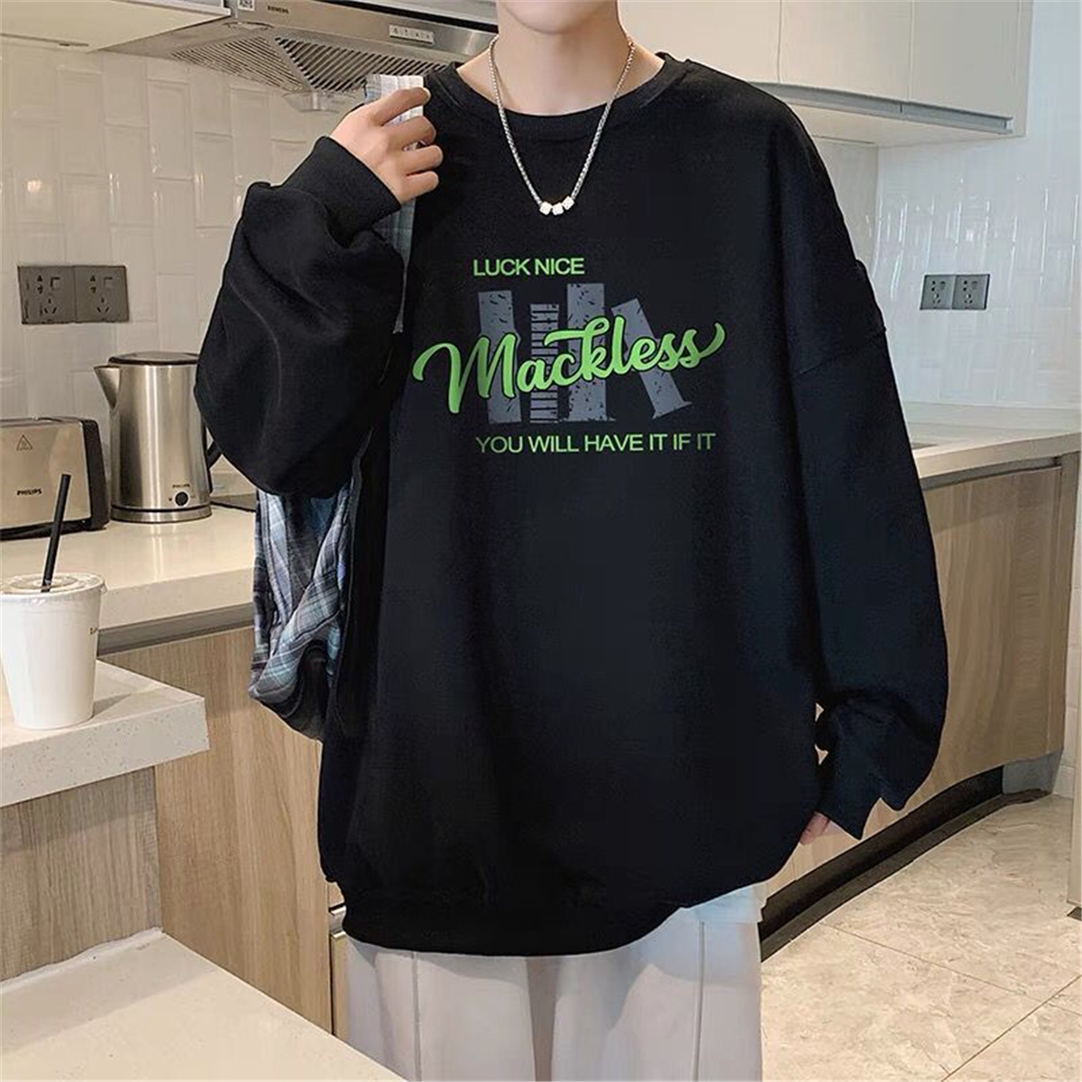 字母宽松无帽纯棉圆领卫衣男