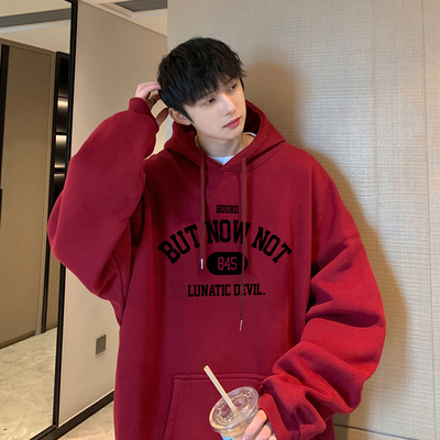 100%纯棉连帽复古宽松时尚秋冬新款加绒加厚套头百搭卫衣男衣服潮