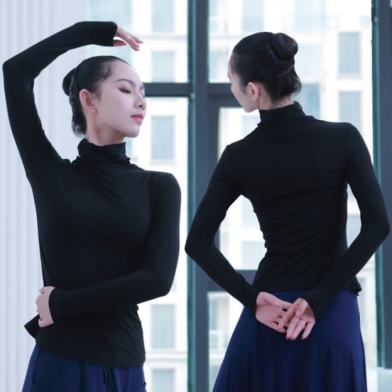 秋冬现代舞舞蹈练功服高领女上衣教师形体服长袖莫代尔显瘦跳舞衣