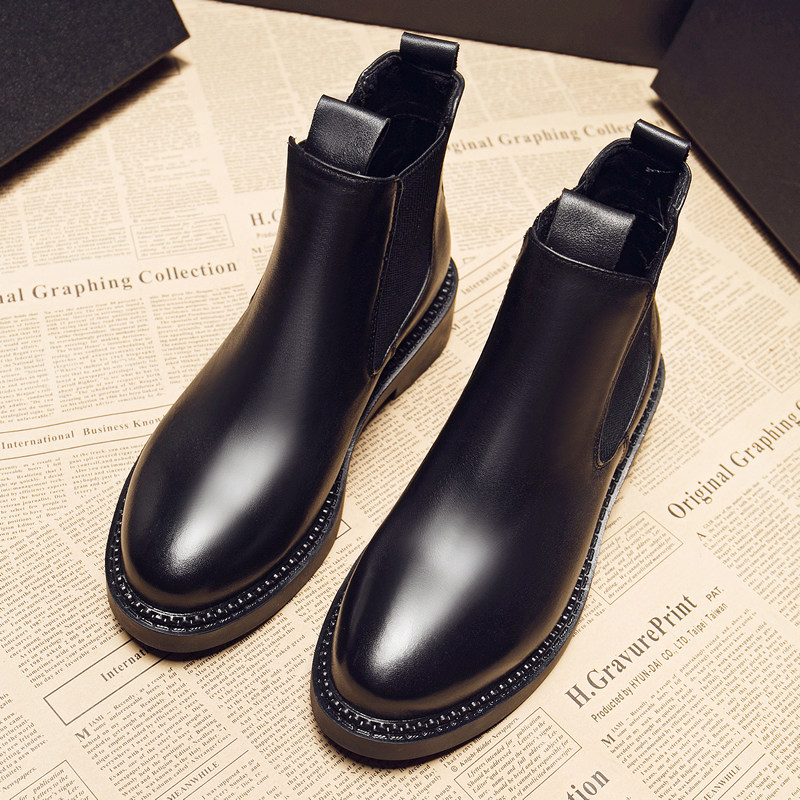 小短靴女平底春秋季切尔西靴真皮马丁靴英伦风百搭踝靴厚底女靴子