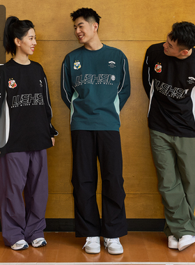 LUSHISI潜行主题拼接长袖复古球衣运动骑行篮球t恤吸湿速干宽松男