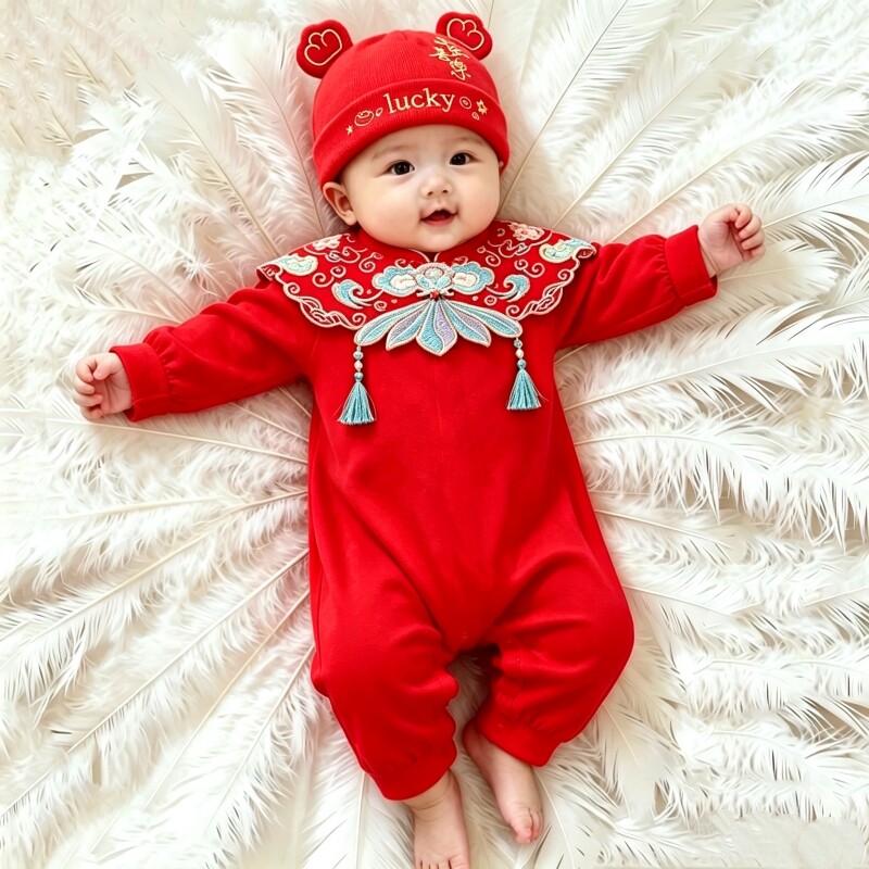 新生儿满月女宝宝百天衣服小孩纯棉婴儿红色喜庆连体衣百岁宴秋季
