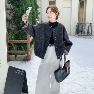 呢大衣 小个子短款 深灰色韩系格纹撞色拼接毛呢外套女2025冬季 新款