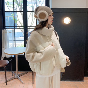 米杏色巨好看双面呢拼接羽绒服女2025冬新款90白鸭绒加厚保暖外套