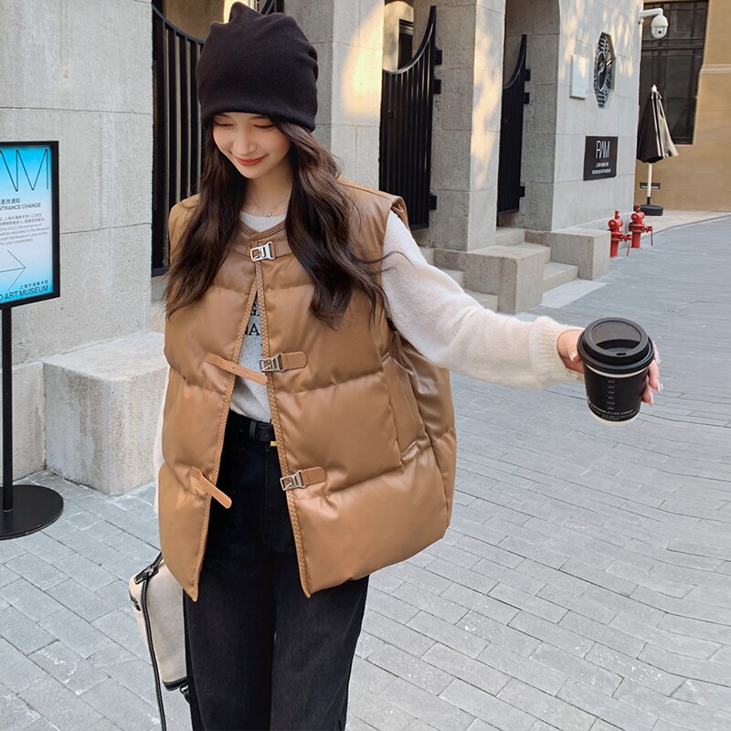 咖啡色韩系时尚皮衣羽绒服马夹女2025冬季新款学院风百搭潮流马甲