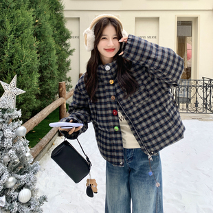 韩系时髦复古多巴胺彩扣格子羽绒服女2025年冬季新款90白鸭绒外套
