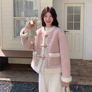 粉色奶呼呼少女感羊羔毛棉衣外套女2025冬季新款超火百搭皮毛一体