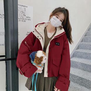 红色工装连帽棉服外套女2024冬新款防寒小个子棉衣加绒加厚派克服