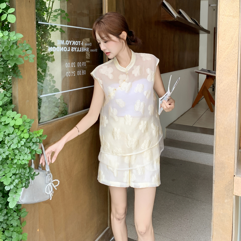 新中式国风优雅提花套装女2025年夏季新款盘扣立领上衣短裤两件套