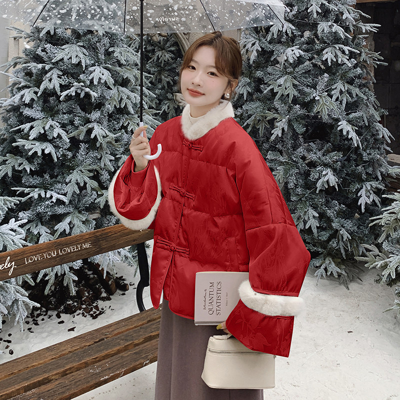 红色新中式国风复古盘扣90白鸭绒羽绒服女2024冬季新款高级感外套