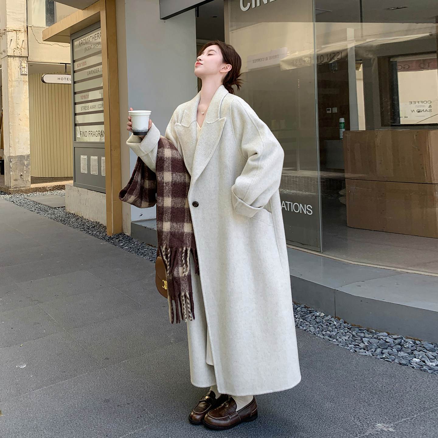 杏色韩范气质英伦风双面呢羊毛大衣女2025冬新款时尚潮流毛呢外套