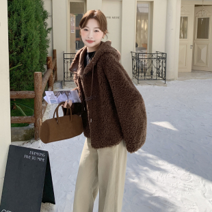 咖色美拉德颗粒绒连帽皮毛一体外套女2025年冬季 软糯保暖棉服 新款
