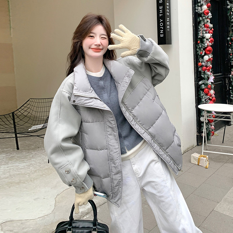 灰蓝色90白鸭绒短款立领羽绒服女2025冬季新款韩系高级感保暖外套