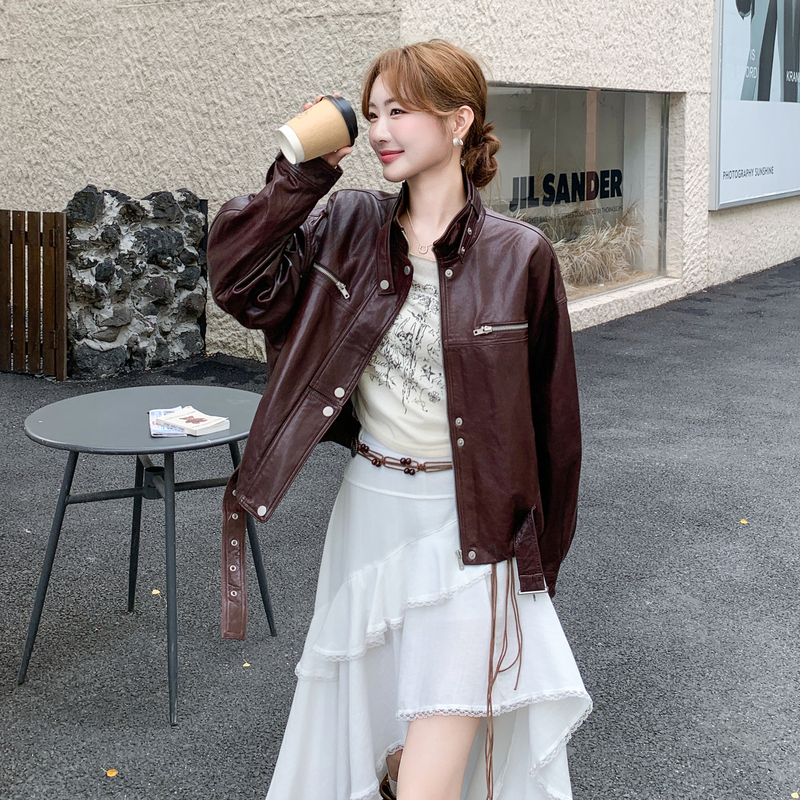 酒红色时尚复古宽松休闲皮衣外套女2025秋新款洋气减龄机车服夹克