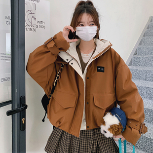 橘色轻暖设计感工装连帽棉服女2026冬季新款加绒加厚保暖棉衣外套