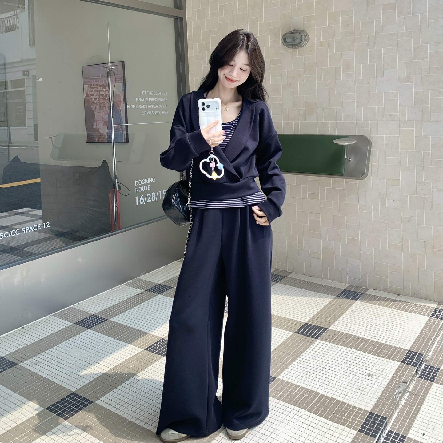 深藏蓝色慵懒风松弛感上衣套装