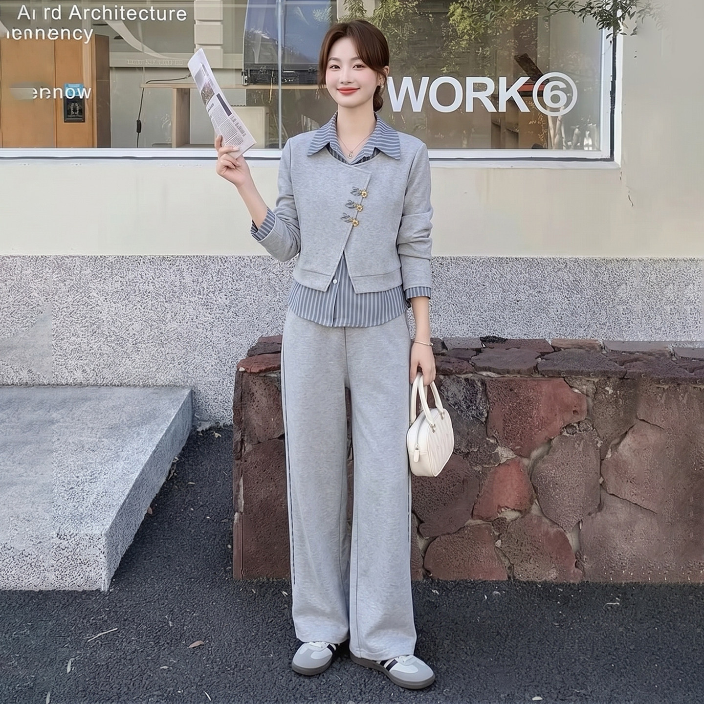 设计感假两件条纹拼接衬衫套装