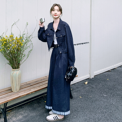 减龄时尚亮晶晶牛仔套装女2025年秋季新款巨好看外套阔腿裤两件套