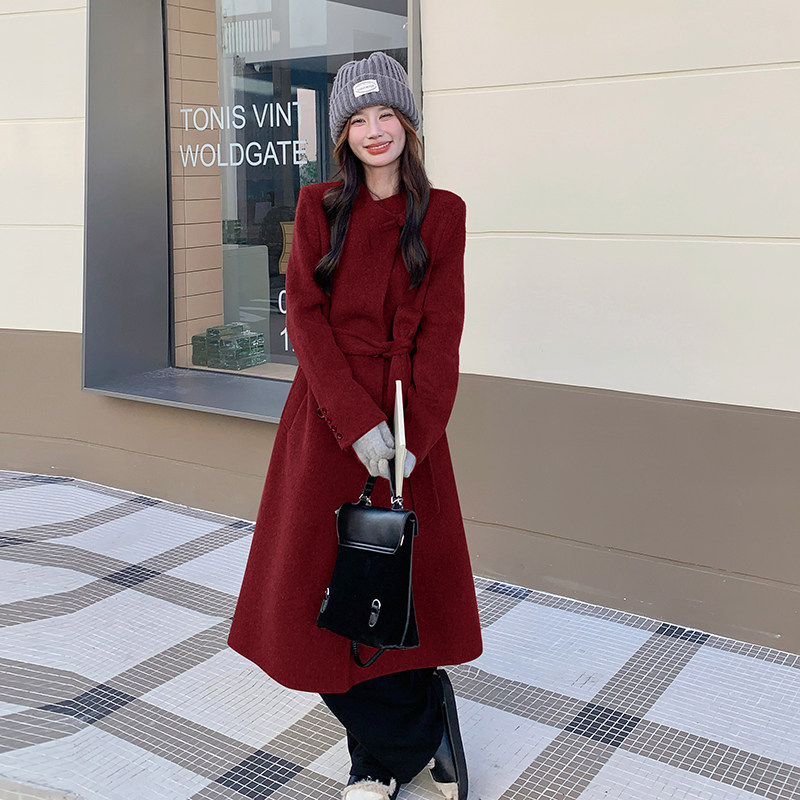 红色新中式羊毛大衣女长款过膝双面羊绒外套宽松显瘦系带毛呢外套