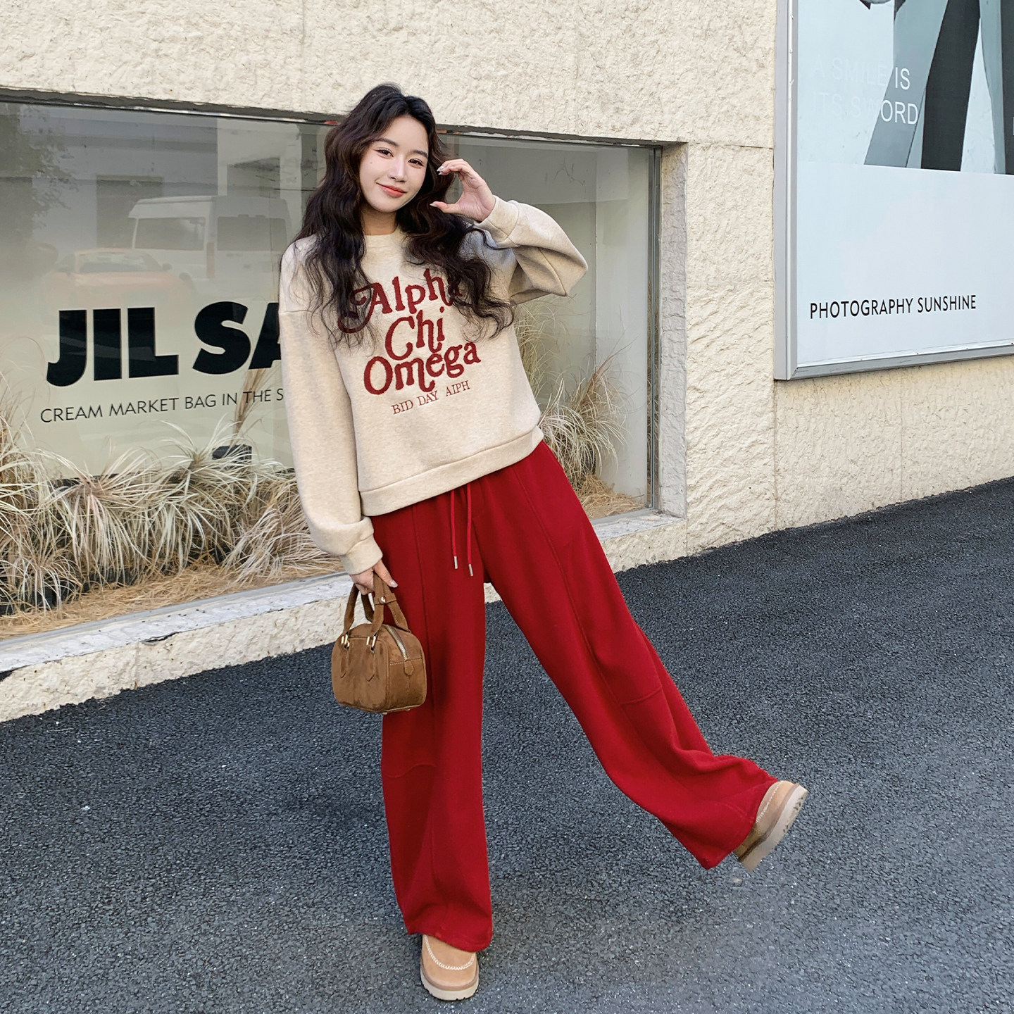 韩系设计感字母刺绣卫衣套装女2026春季新款休闲运动阔腿裤两件套