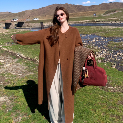 焦糖色复古格纹双面呢大衣女2025冬季新款韩系大女主气质毛呢外套