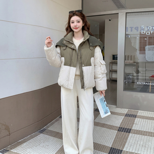 军绿色时尚设计感针织披肩撞色面包服女2026冬季新款加厚保暖棉服