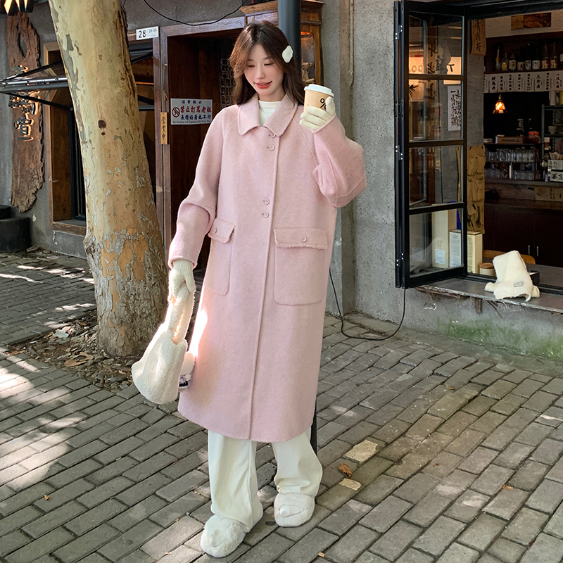 粉色甜美减龄双面呢羊毛大衣女2025冬季新款大气休闲翻领毛呢外套