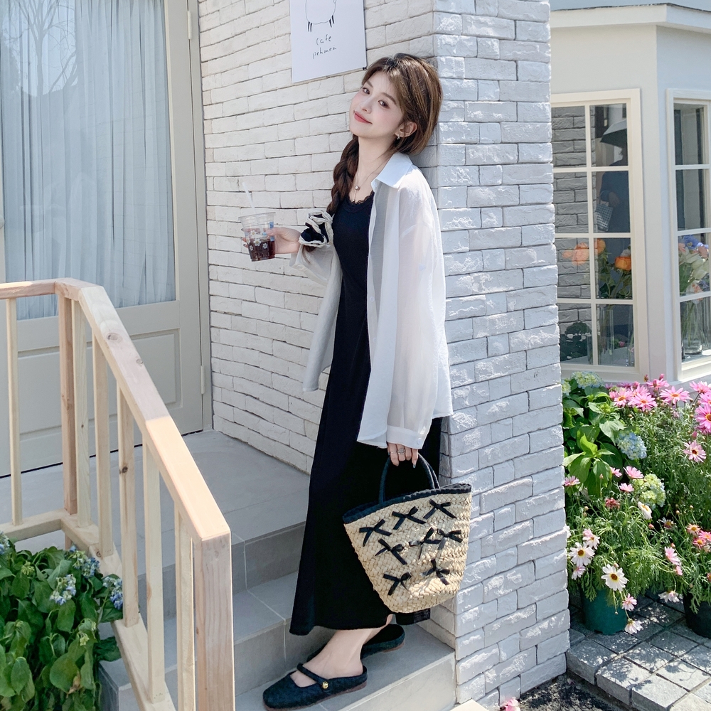 慵懒风休闲衬衫连衣裙套装女2025夏季新款蕾丝花边领背心裙两件套