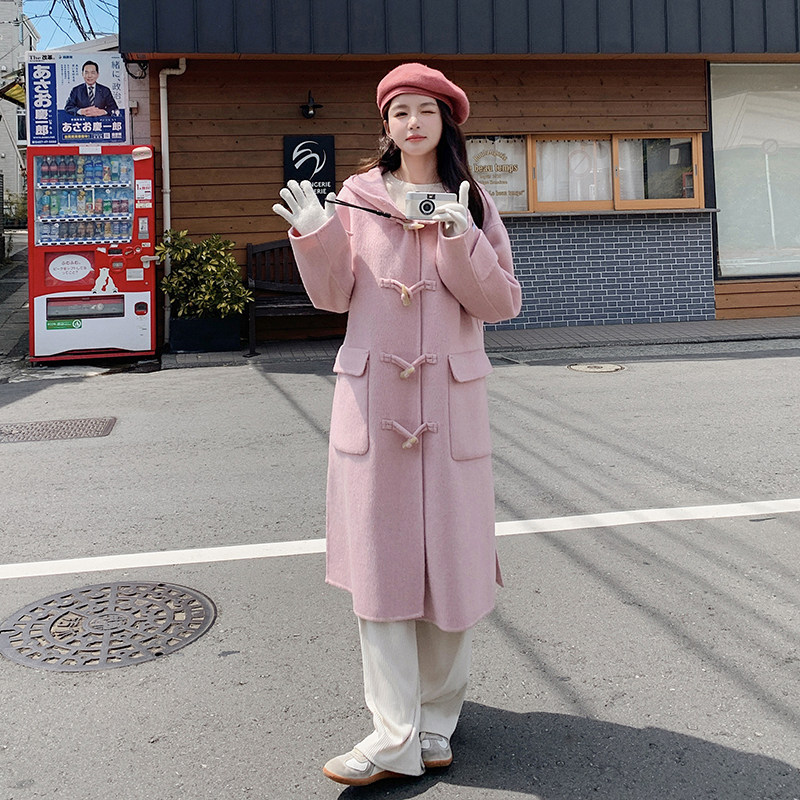 学院风复古牛角扣双面呢羊绒大衣女2025冬季新款连帽长款毛呢外套