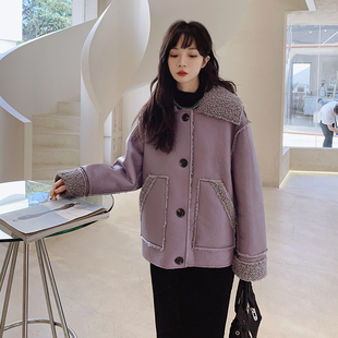 紫色俏皮减龄羊羔毛拼接外套女2025冬季新款加厚保暖皮毛一体棉服