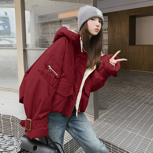 安克拉红时尚工装设计感连帽棉衣外套女2025年冬季新款小个子棉服