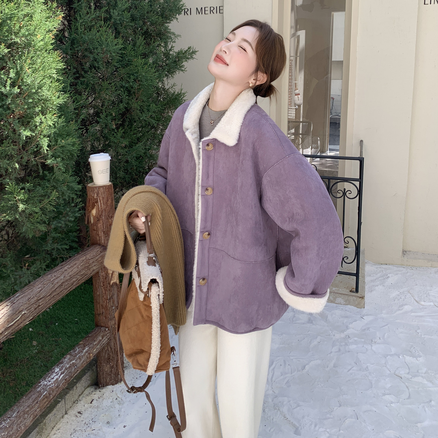 紫色简约大气麂皮绒棉衣外套女2025冬季新款加厚保暖皮毛一体棉服