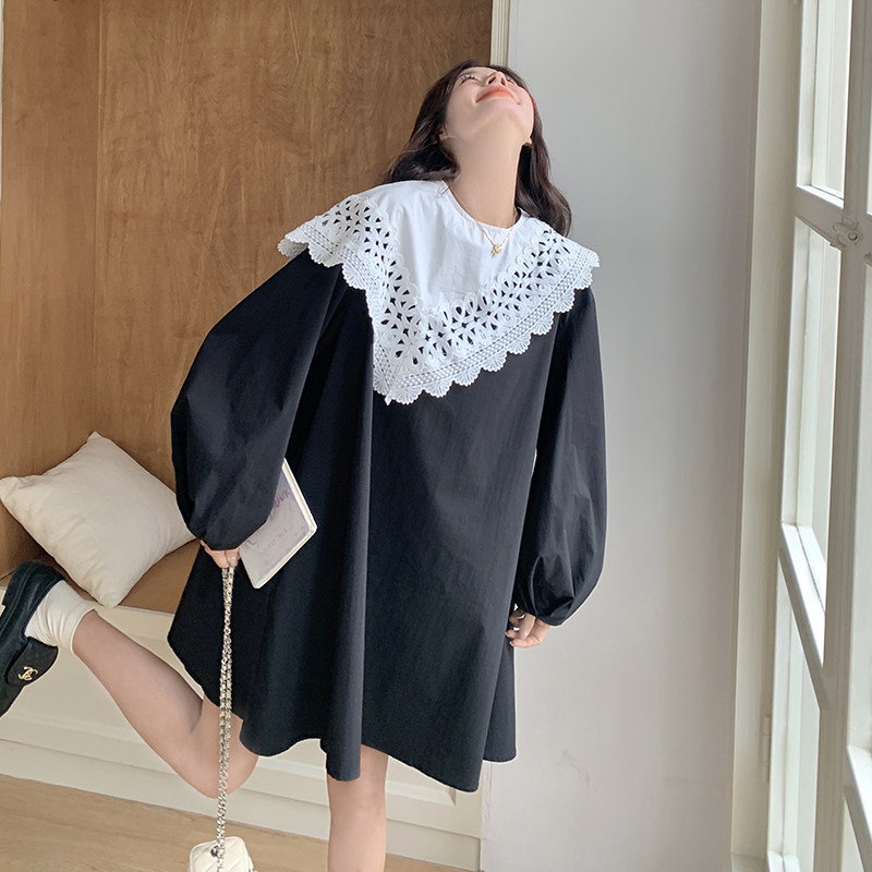 时尚超好看撞色花边领连衣裙女2025年秋季细看时髦气质优雅中长裙