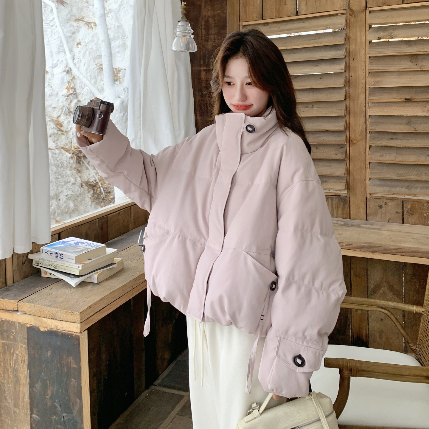 粉色保暖立领短款羽绒服女2025年冬季新款小个子减龄90白鸭绒外套