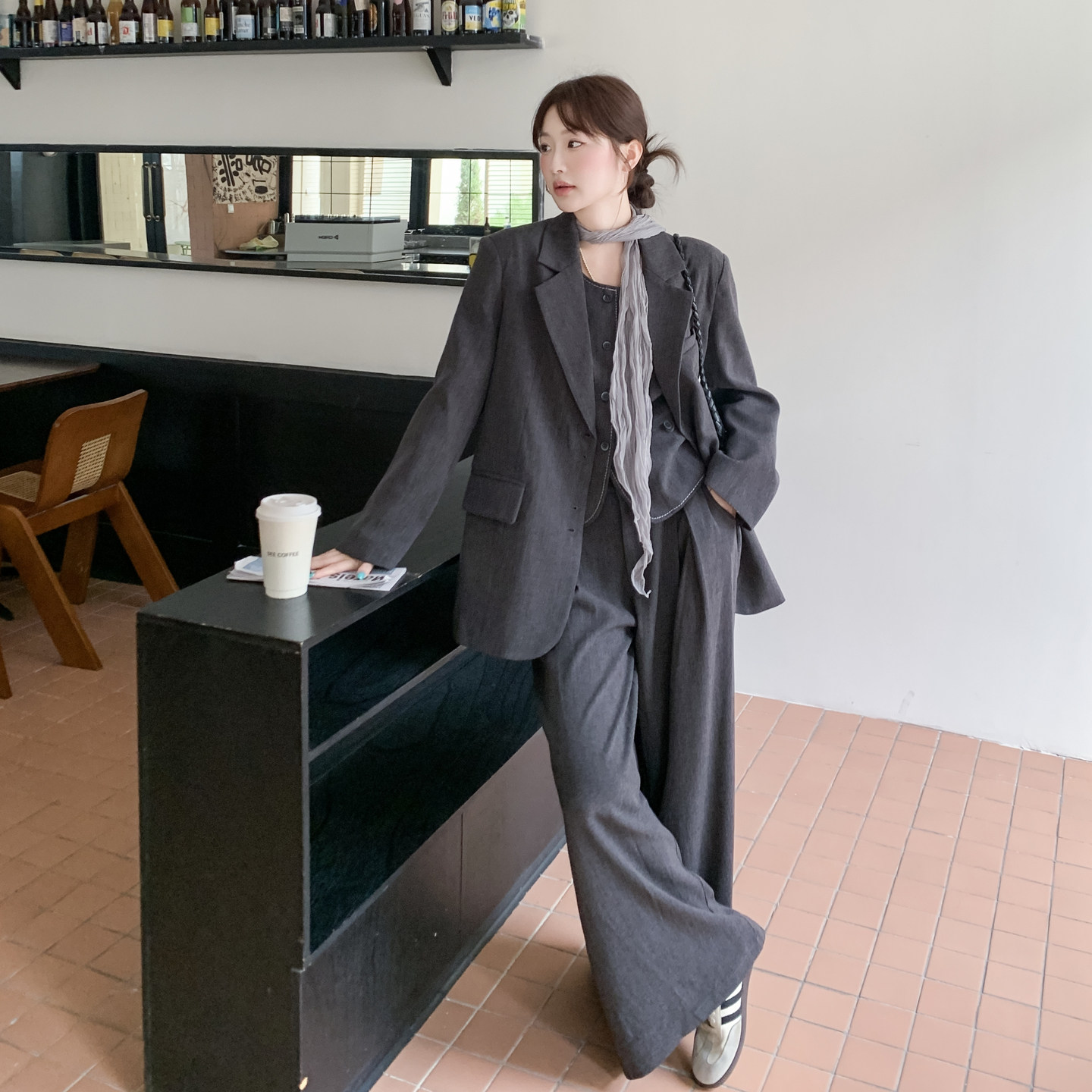 灰色韩系老钱风气质西服套装女