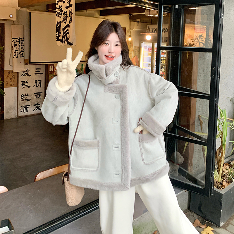 灰蓝色甜酷炸街皮毛一体羊羔毛外套女2025冬季新款麂皮绒加绒棉服