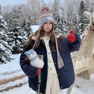藏青色羊羔毛翻领羽绒服女2025冬季新款俏皮减龄宽松保暖工装外套