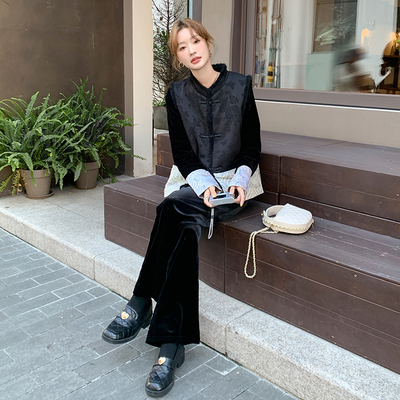 巨好看丝绒套装女2025年秋季新款国风盘扣马甲打底衫阔腿裤三件套