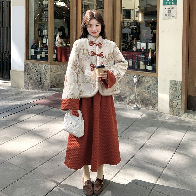 新中式国风加绒加厚套装裙女2025冬季新款巨好看上衣半身裙两件套