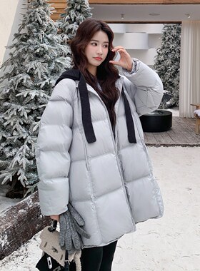浅灰色韩版针织拼接连帽羽绒服女2025冬季新款方格中长款轻暖外套