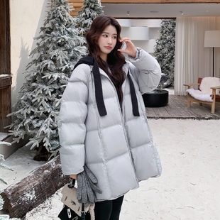 浅灰色韩版针织拼接连帽羽绒服女2025冬季新款方格中长款轻暖外套