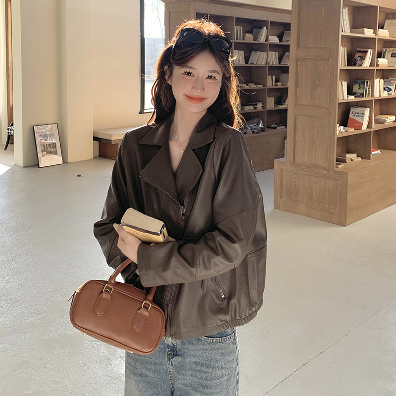美拉德酷飒甜美风短款皮衣外套