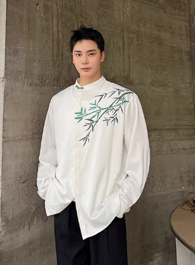 新中式竹子印花免烫衬衫男装复古小众唐装中国风长袖衬衣垂感防晒