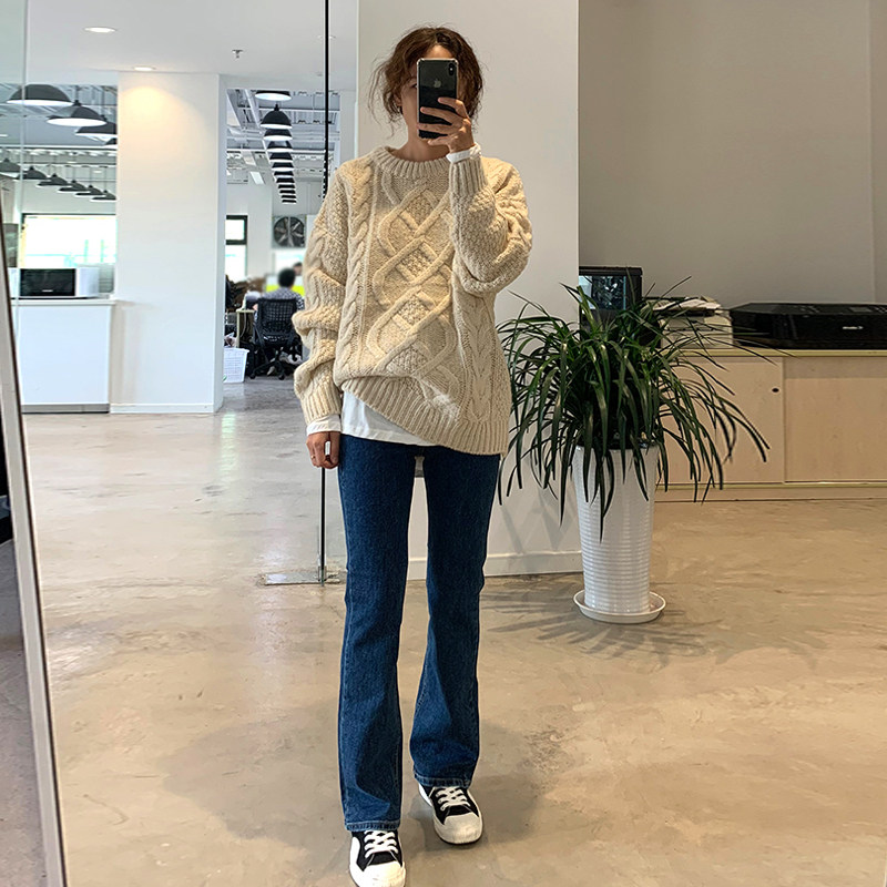 市舶司【复古显高挑】韩国女装春秋新款高腰显瘦微喇拉绒牛仔裤女