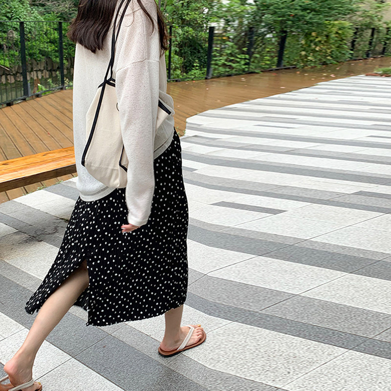 市舶司现货 松紧显瘦韩国女装2023春夏装新款波点开叉百褶半身裙