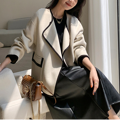 全羊毛短款轻奢撞色双面呢短大衣