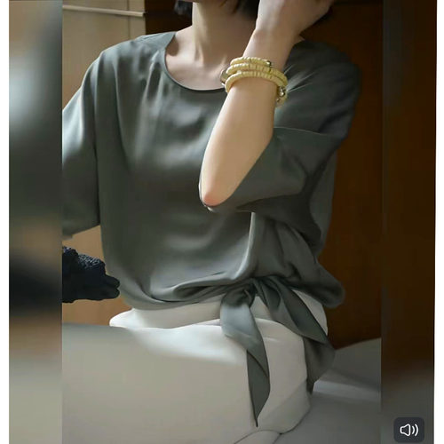 天生高汲•解意小衫6A级桑蚕丝上衣弹力短袖衬衫气质小衫女夏季新