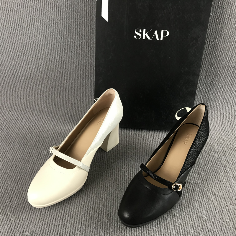 skap/圣伽步女鞋断码撤柜春夏季复古浅口单鞋洋气百搭真皮高跟鞋